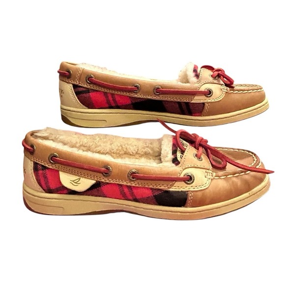 Sperry Top Sider Leather With Lambswool Shoes Womens Size 6M Brown Red Plaid - Picture 3 of 12